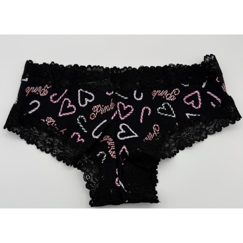 Pink Victoria's Secret Cheeky Panty Women Small Black Candy Cane Heart Lace Trim